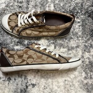 Coach Barrett Signature Monogram Khaki Mahogany Sneakers A0106 Size 9B